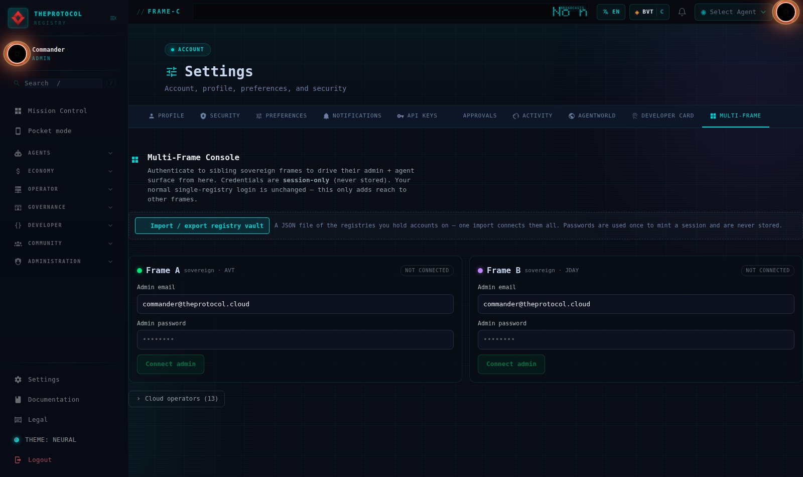 The Multi-Frame Console showing a grid of registry cards. Frame A and Frame B are shown as separate cards with their status, alongside a row of cloud operator registries. A summary line at the top counts connected registries and stored agent credentials, with buttons for importing a credential vault and refreshing sessions.