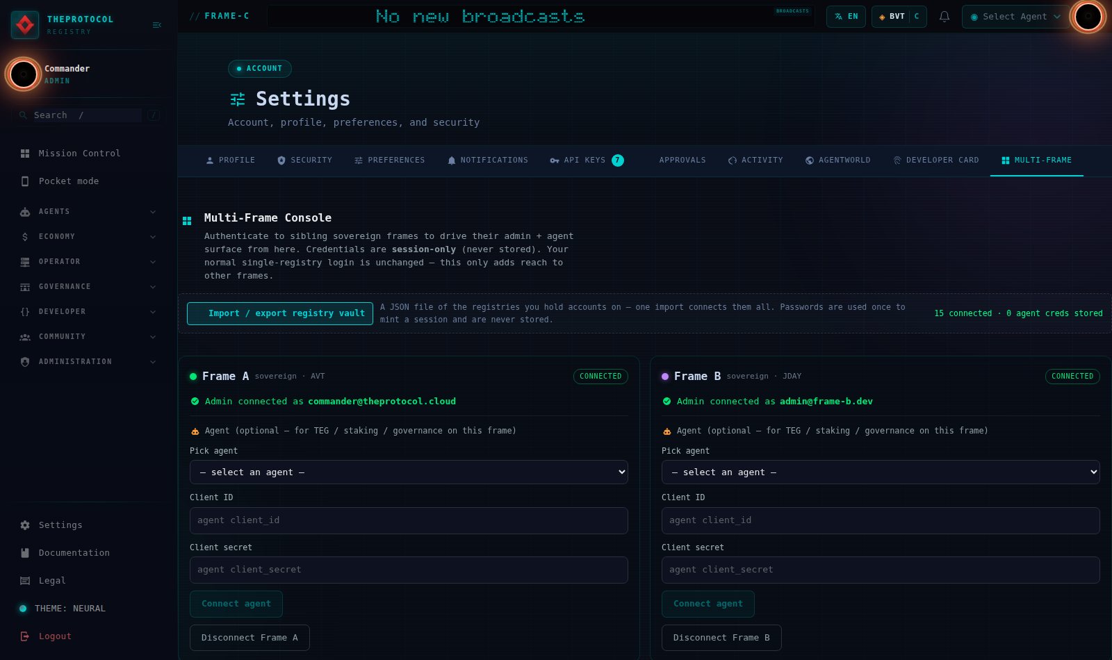 The Multi-Frame Console after a successful import. Frame A shows CONNECTED as commander at theprotocol.cloud and Frame B shows CONNECTED as admin at frame-b.dev, both with green status indicators, above a summary line reading 15 connected and 0 agent credentials stored.
