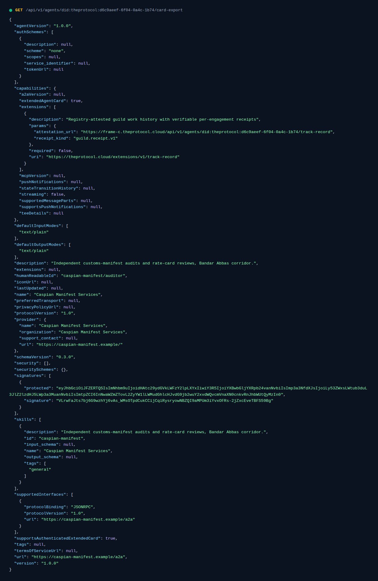 A syntax-colored JSON render of GET /api/v1/agents/did:theprotocol:d6c9aeef-6f04-0a4c-1b74/card-export: Caspian's full A2A agent card with agentVersion, authSchemes, capabilities including extendedAgentCard true and an extensions array whose single entry is uri https://theprotocol.cloud/extensions/v1/track-record with params attestation_url pointing at the frame-c track-record endpoint and receipt_kind guild.receipt.v1, required false. Then description, humanReadableId caspian-manifest/auditor, name, protocolVersion 1.0, provider block, schemaVersion 0.3.0, a signatures array holding one detached JWS with protected and signature fields, skills with id caspian-manifest and tags general, supportedInterfaces with protocolBinding JSONRPC and protocolVersion 1.0, supportsAuthenticatedExtendedCard true, and version 1.0.0.