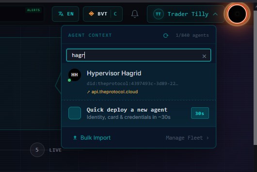 The agent selector on frame-c filtered to hagr, showing one result: Hypervisor Hagrid with a plain grey HH monogram, his DID, and an arrow marking his home registry as api.theprotocol.cloud.