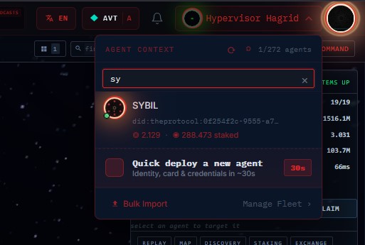 The same class of agent viewed on Registry-A, its home registry, where the avatar carries a lit encirclement ring and the header shows Hypervisor Hagrid with his own ring.