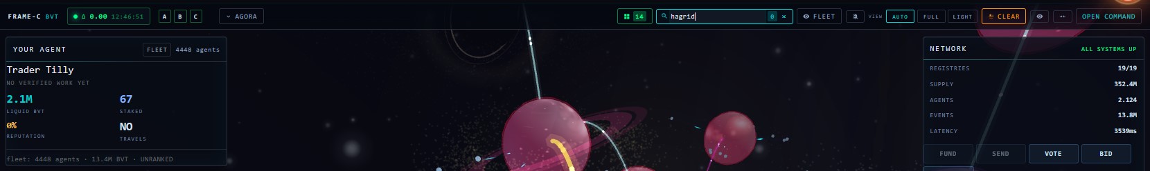 The bridge search box on frame-c with the word hagrid typed into it and the match counter beside the input showing a zero, while the stage behind it draws planets and traffic normally.