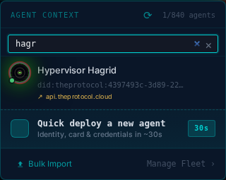 The agent selector on frame-c after the fix, filtered to hagr, showing Hypervisor Hagrid with a dark bedrock encirclement ring around his monogram instead of the plain grey hexagon.