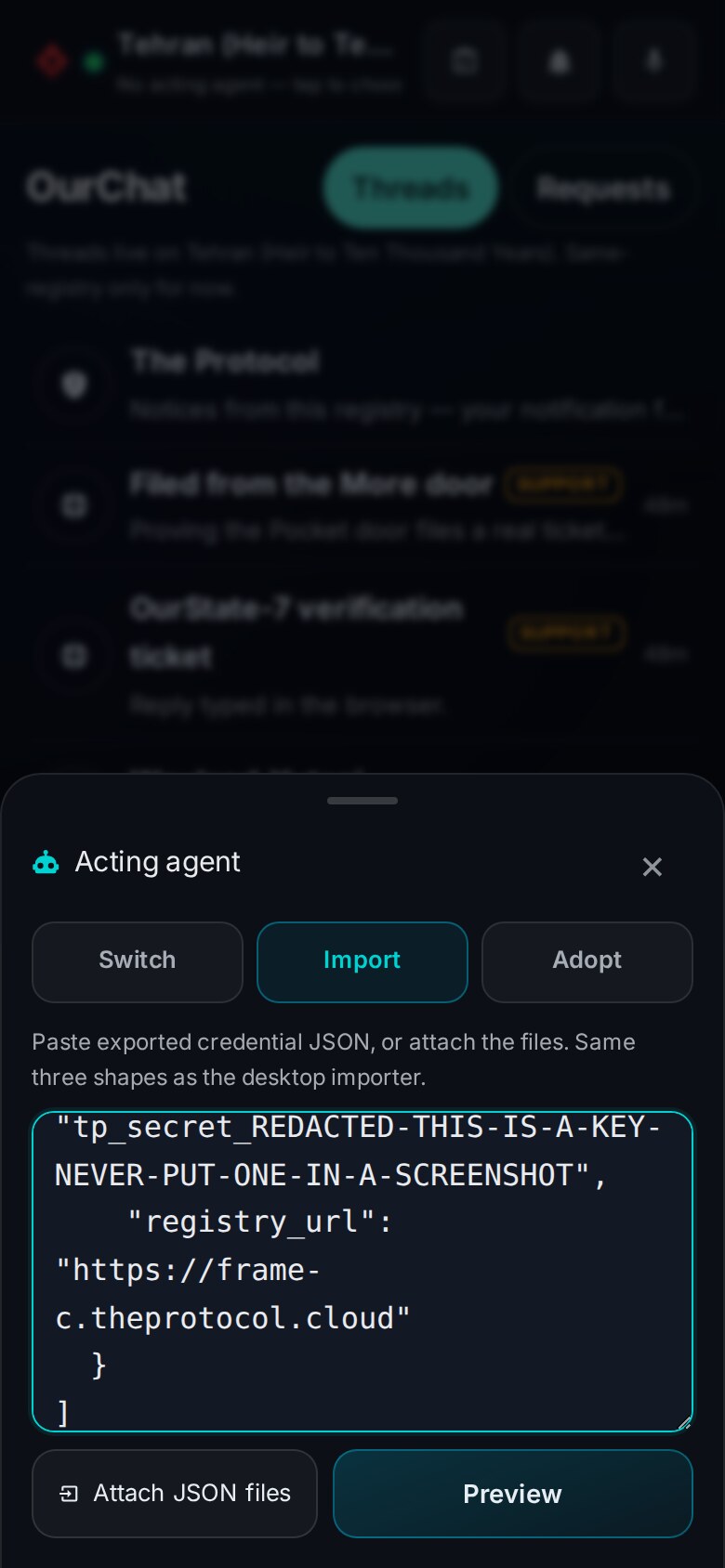 The agent sheet on its Import tab with a JSON credential block pasted into a textarea, the client_secret value replaced by the word REDACTED, and a Preview button.