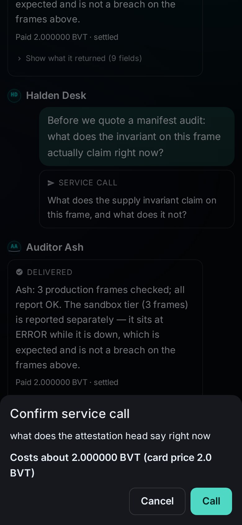 A Confirm service call sheet reading Costs about 2.000000 BVT, card price 2.0 BVT, with Cancel and Call buttons, over a previous delivered card.