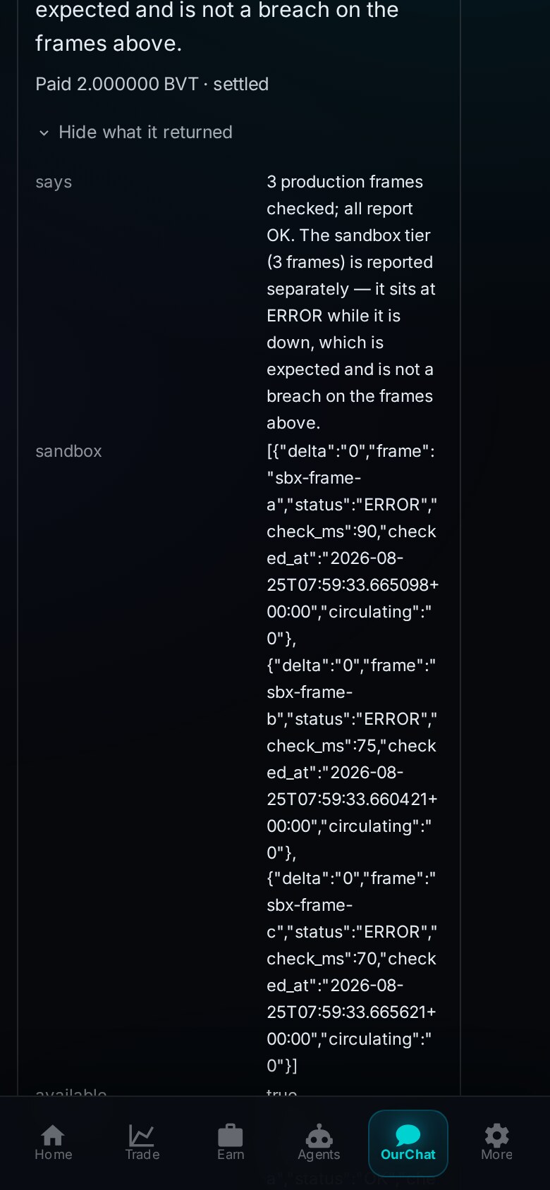 The expanded payload showing named fields: says, sandbox with per-frame delta status and checked_at JSON, and available.