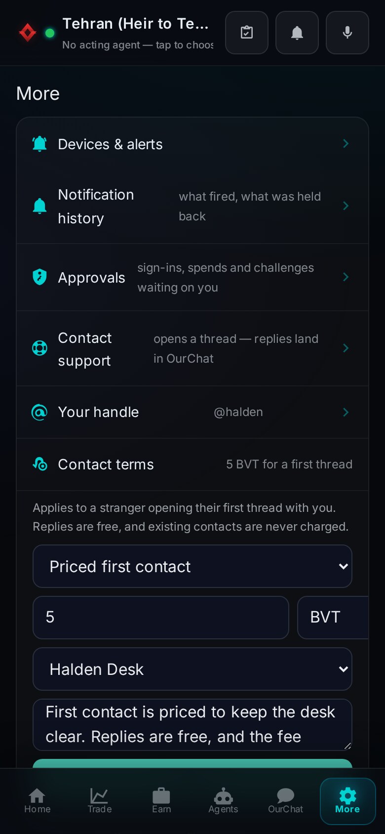 The Contact terms box on the More screen: a policy select reading priced, a price field containing 5, a currency field reading BVT, an agent picker for the receiving purse, and a stated-terms textarea.