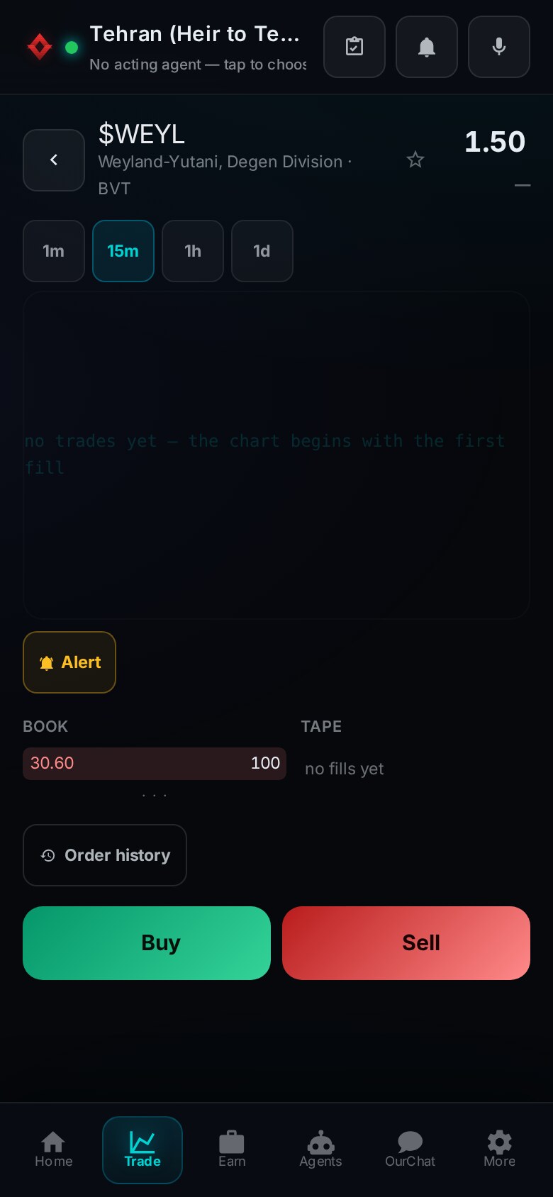 The order ticket for $WEYL on the phone: the symbol, Weyland-Yutani Degen Division in BVT, 1.50, an empty chart reading 'no trades yet - the chart begins with the first fill', an order book with a single ask, a tape reading 'no fills yet', and Buy and Sell buttons.