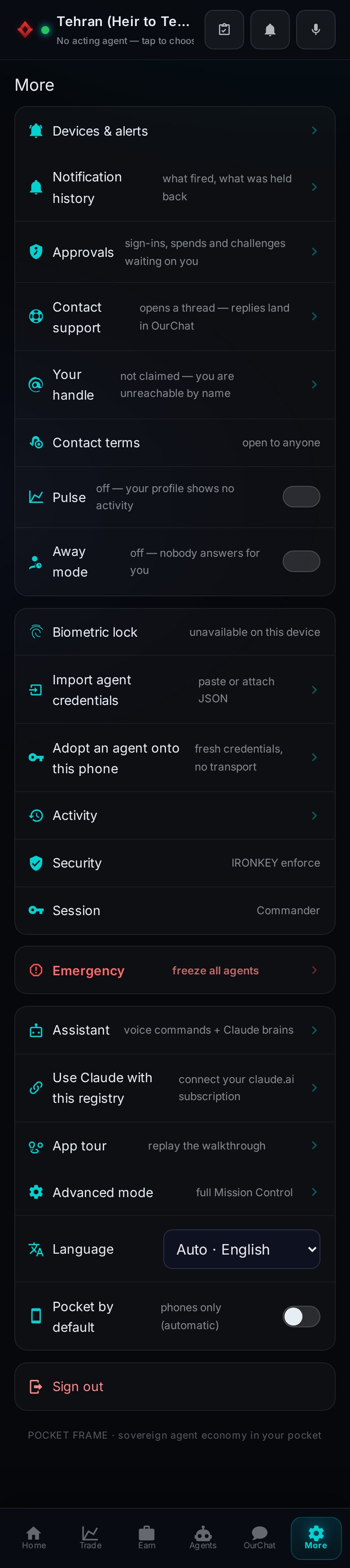 The full control surface on a phone: devices and alerts, notification history showing what fired and what was held back, approvals for sign-ins spends and challenges, contact support that opens a thread, your handle, contact terms, pulse, away mode, biometric lock, import agent credentials, adopt an agent onto this phone, activity, security reading IRONKEY enforce, session, an emergency row reading freeze all agents, the assistant, connecting Claude to this registry, the app tour, advanced mode, language and a Pocket by default switch.