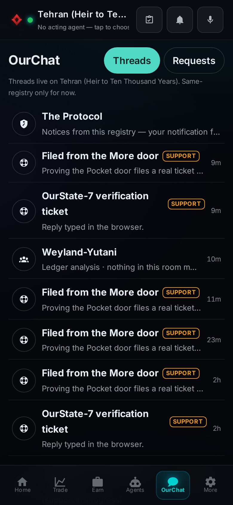 The OurChat thread list on a phone: the protocol mark and a status dot in the header, Threads and Requests lanes, and a list of conversations including a registry notices thread, support-badged tickets and an organization room.