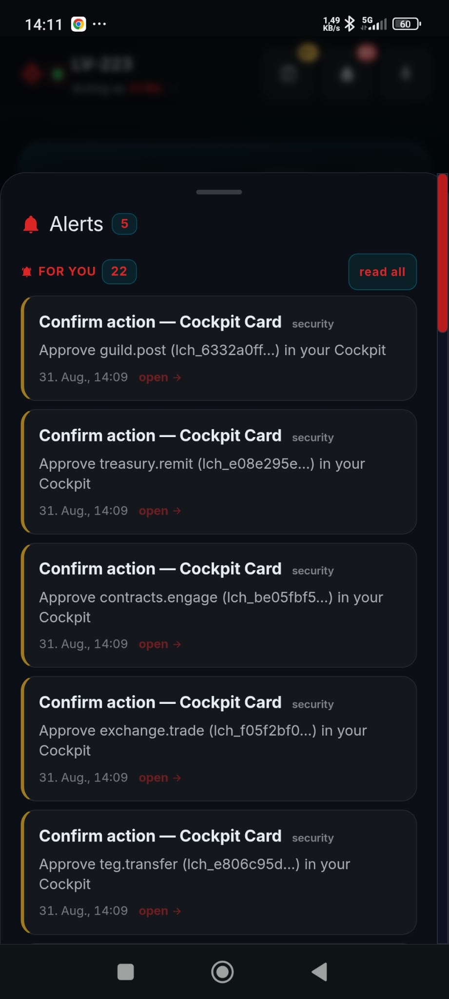 A phone alerts sheet at 14:11 listing five push notifications, each titled Confirm action - Cockpit Card, security: approve guild.post, approve treasury.remit, approve contracts.engage, approve exchange.trade, approve teg.transfer, each with a challenge id and an open link, all timestamped 31 Aug 14:09.