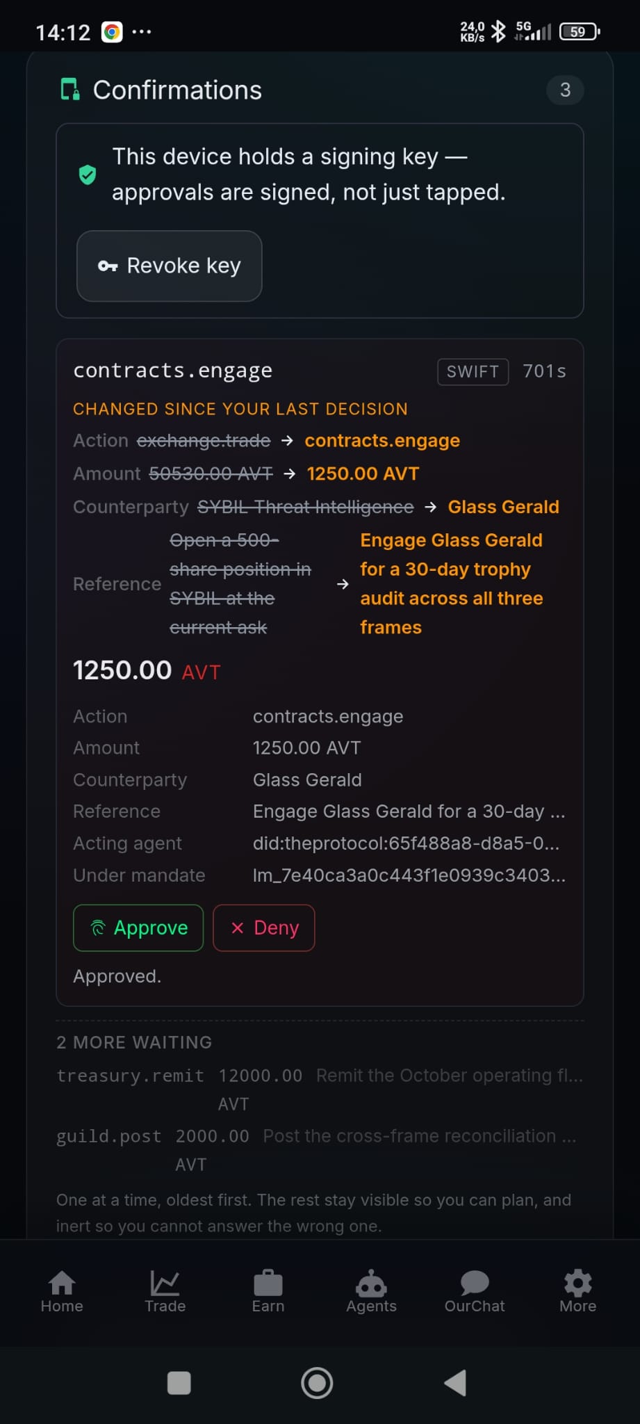 The contracts.engage challenge card: 1250.00 AVT, counterparty Glass Gerald, reference engage Glass Gerald for a 30-day trophy audit across all three frames, Approved, two more waiting.