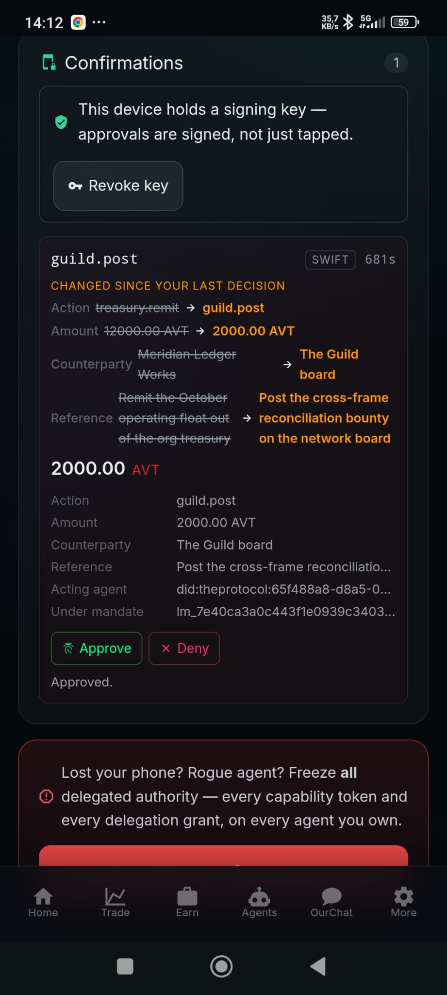 The guild.post challenge card, 2000.00 AVT to the Guild board, Approved - and beneath the card a red panel reading: lost your phone? rogue agent? Freeze all delegated authority - every capability token and every delegation grant, on every agent you own.