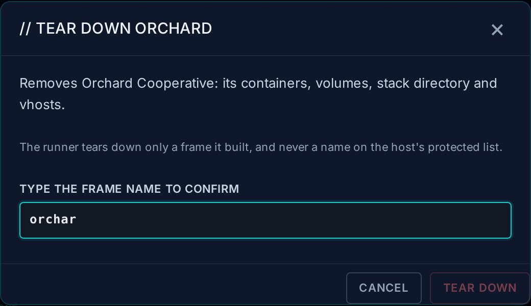 The same dialog with orchar typed into the confirmation field, one letter short of the frame's name. The Tear down button is still greyed out.