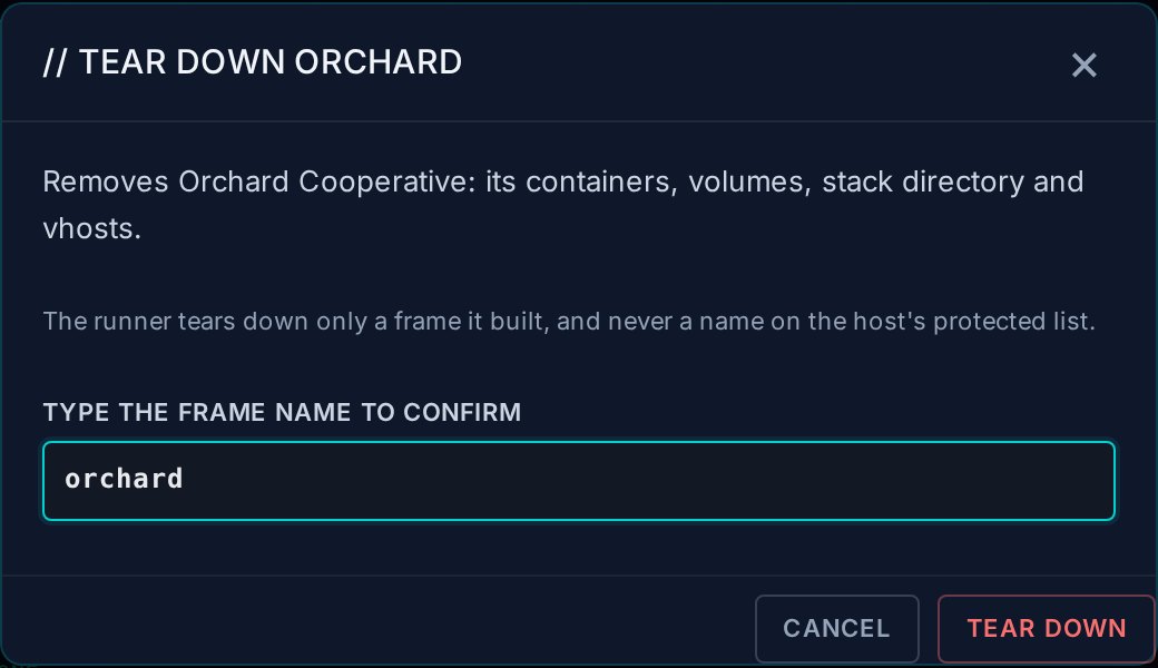 The same dialog with orchard typed in full. The Tear down button is now lit in red.