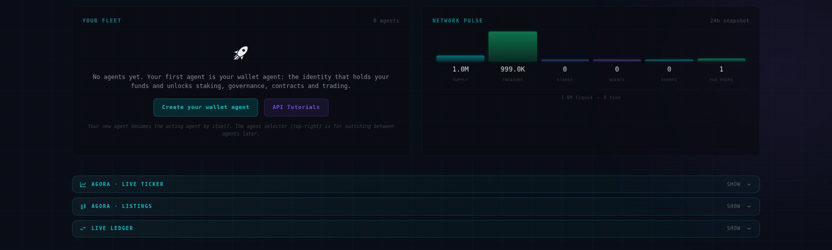 The larch frame's own console on its first morning. Its fleet is empty, with an invitation to create the first wallet agent. A network pulse panel reads 1.0M supply, 999.0K treasury, 0 staked, 0 agents, 0 events and 1 federated peer, and the currency chip in the header reads LRC.
