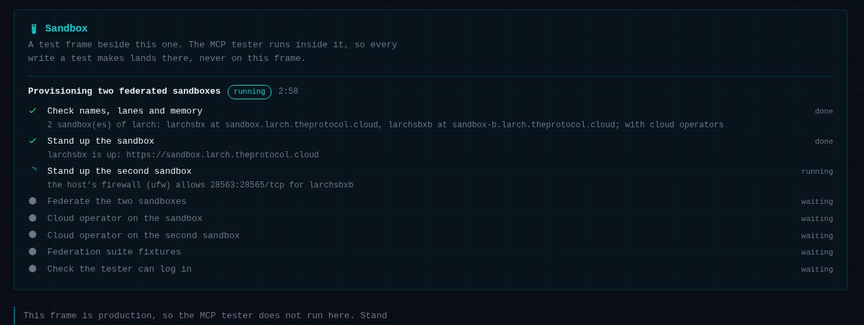 The same panel further on: stand up the sandbox is done and reads larchsbx is up at sandbox.larch.theprotocol.cloud, and stand up the second sandbox is running.