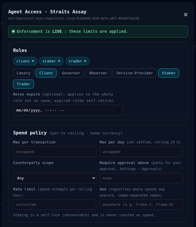 The Agent Access panel for Straits Assay on the ASIA frame, with its DID under the name. A green banner reads: Enforcement is LIVE, these limits are applied. Roles: client, staker and trader are set, with Canary, Governor, Observer and Service-Provider available, and an optional role expiry. Spend policy, per transaction ceiling in home currency: max per transaction, max per day (net settled, rolling 24 hours), counterparty scope set to any, require approval above (parks for your approval), rate limit (spend attempts per rolling hour) and geo (registries where spends may execute); all of them are open. A note says staking is a self-lock and is never counted as spend.