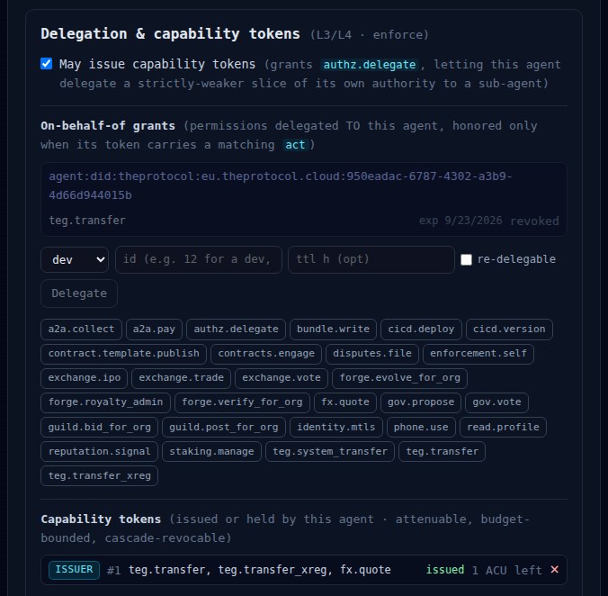 The delegation section of the panel, marked L3 and L4, enforce. May issue capability tokens is ticked. On-behalf-of grants: one from an agent on the EU frame, for teg.transfer, expired on September 23, 2026 and marked revoked. A form to delegate to a developer or an agent, with the permissions to pick from. Capability tokens: one row, Straits Assay as issuer, token number 1 for teg.transfer, teg.transfer_xreg and fx.quote, issued, 1 ACU left, with a revoke cross.