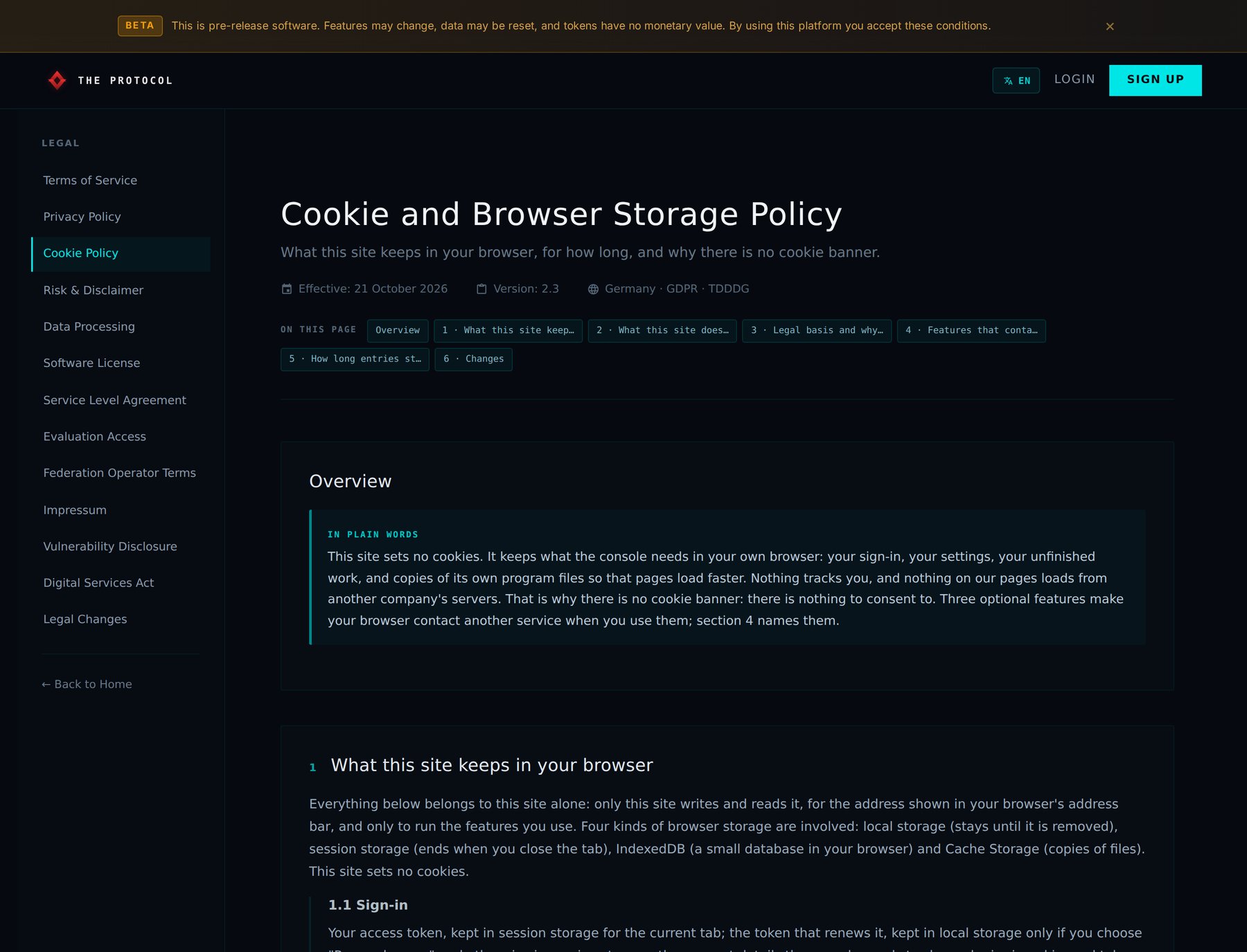 The Cookie and Browser Storage Policy on the EU frame's legal pages, opened by a visitor who is not signed in. Effective 21 October 2026, version 2.3, Germany, GDPR and TDDDG. An index of its sections: overview, what this site keeps in your browser, what this site does not, legal basis and why there is no banner, features that contact another service, how long entries stay, changes. The overview in plain words: this site sets no cookies; it keeps what the console needs in your own browser, your sign-in, your settings, your unfinished work and copies of its own program files so that pages load faster; nothing tracks you, and nothing on its pages loads from another company's servers; that is why there is no cookie banner, there is nothing to consent to; three optional features make your browser contact another service when you use them, and section 4 names them.