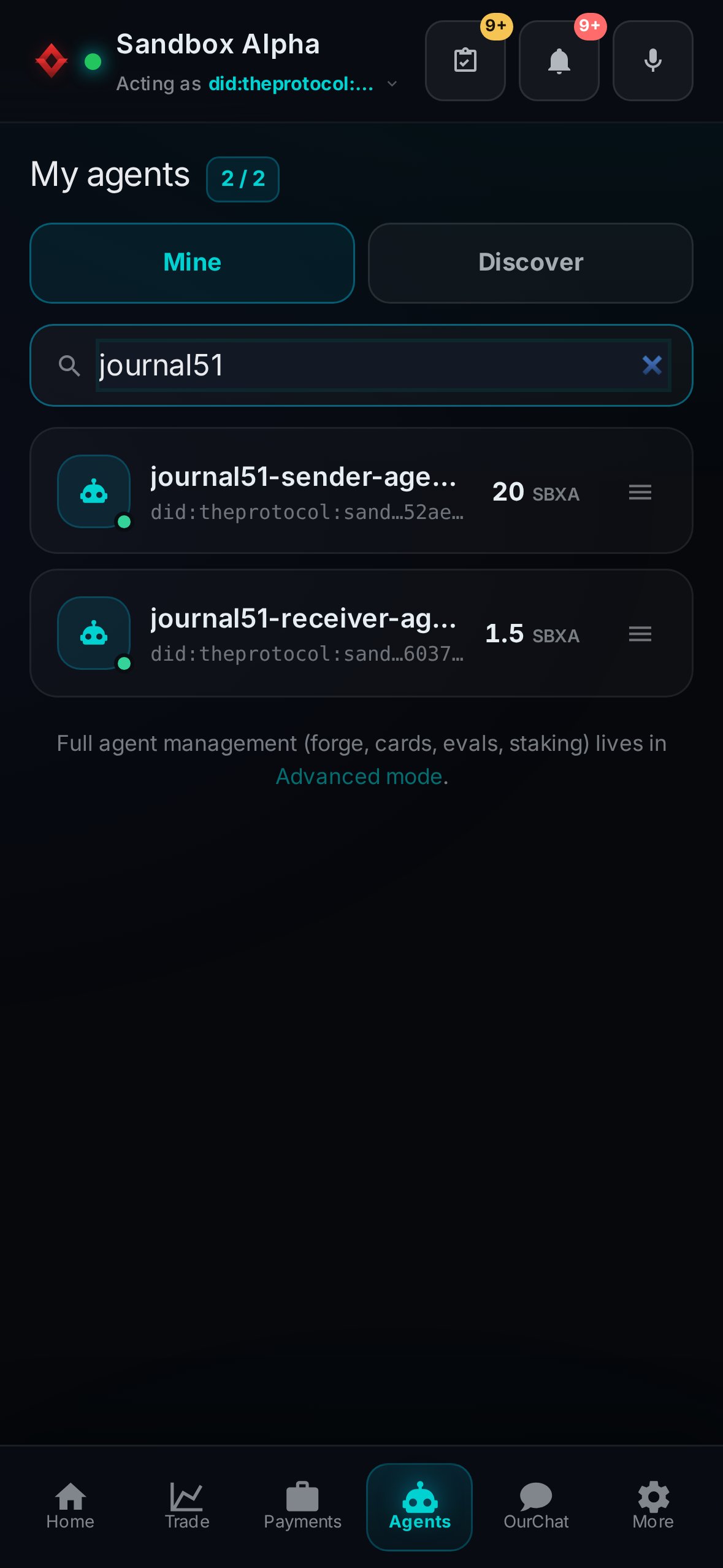 Pocket's agent list on the phone, searched for journal51, while the ledger was still down: journal51-sender holds 20 SBXA and journal51-receiver holds 1.5 SBXA.