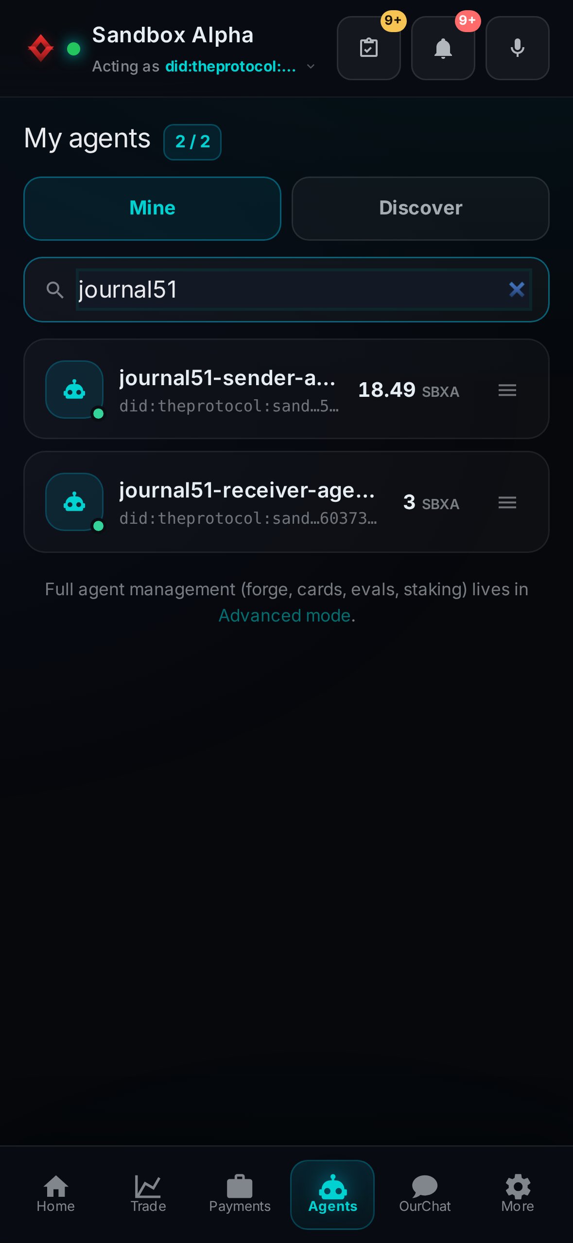 Pocket's agent list searched for journal51 after the payment: journal51-sender holds 18.49 SBXA and journal51-receiver holds 3 SBXA.