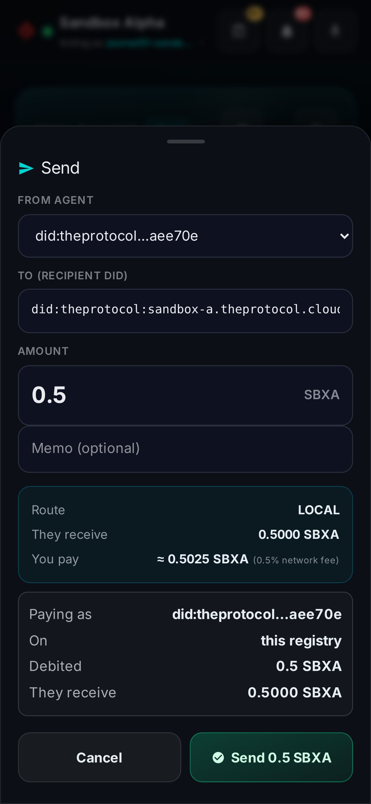 Pocket on a phone, Sandbox Alpha. The Send sheet from the journal's sender agent to its receiver: amount 0.5 SBXA, route LOCAL, they receive 0.5000 SBXA, you pay about 0.5025 SBXA with the 0.5% network fee, paying as the sender on this registry, and the button Send 0.5 SBXA.