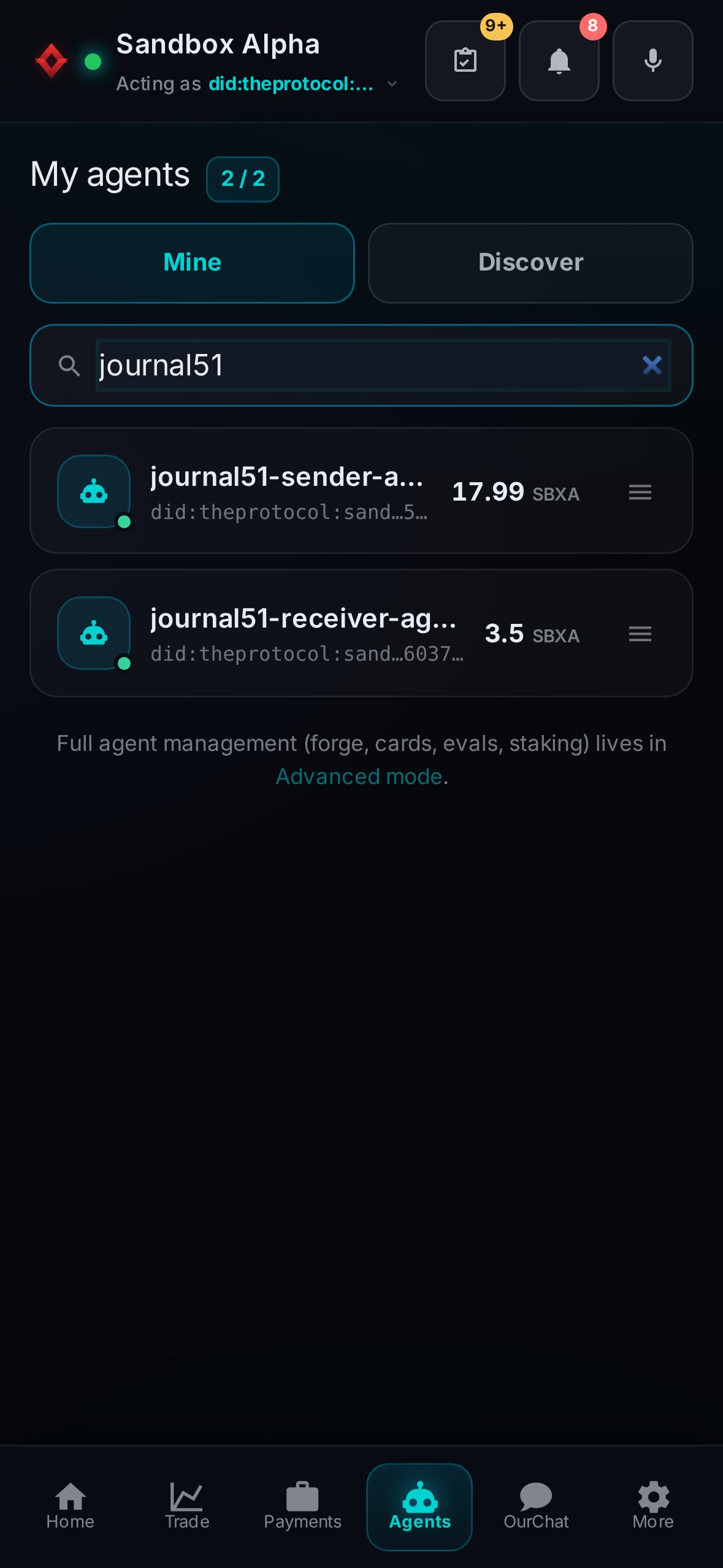Pocket's agent list on the phone, searched for journal51, after both presses: journal51-sender holds 17.99 SBXA and journal51-receiver holds 3.5 SBXA.