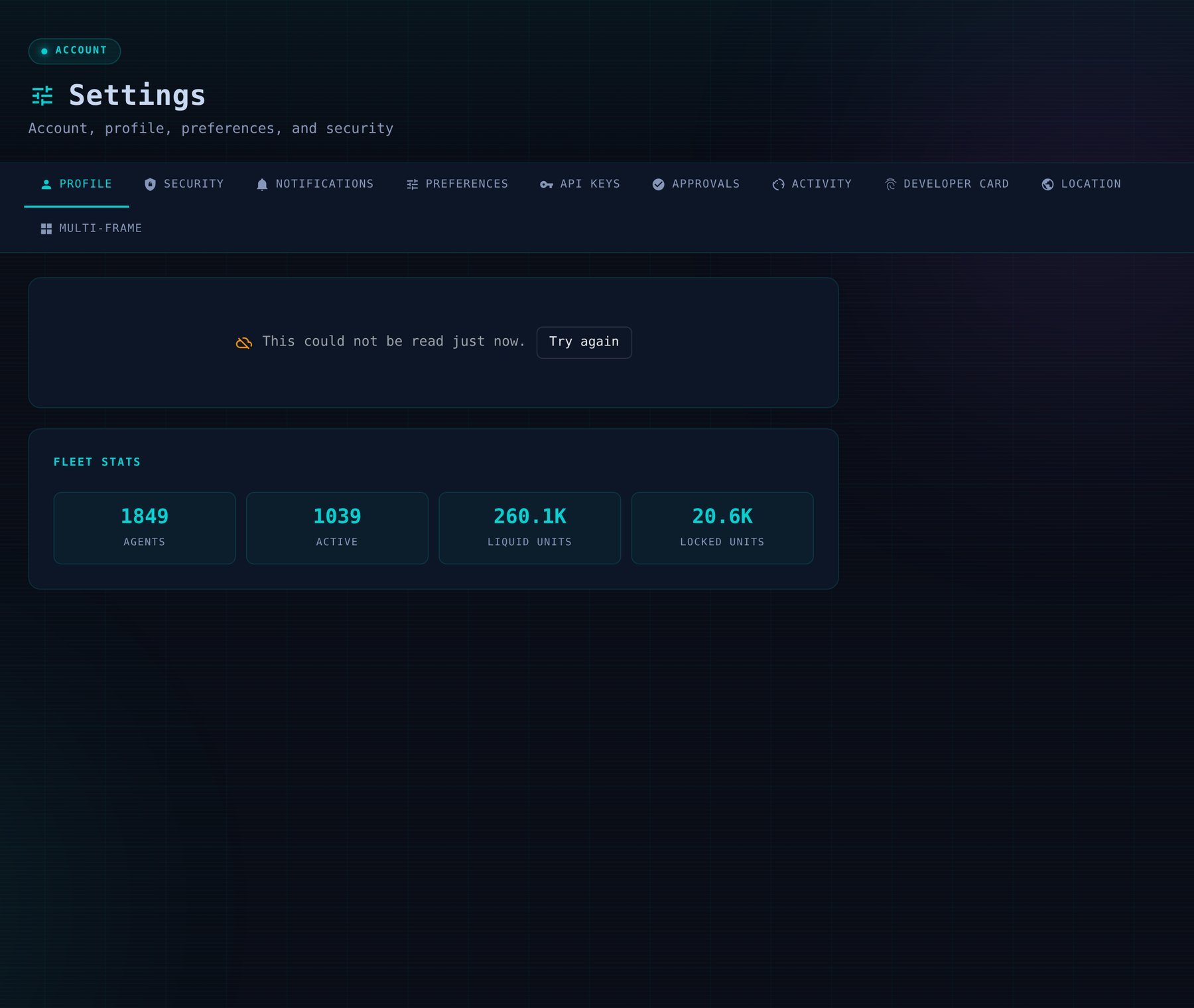 Settings on Sandbox Beta, Profile tab, with the read of the account failing. Where the profile form would be, the panel says This could not be read just now, with Try again. Below it the fleet stats, from a read that answered: 1849 agents, 1039 active, 260.1K liquid units, 20.6K locked units.