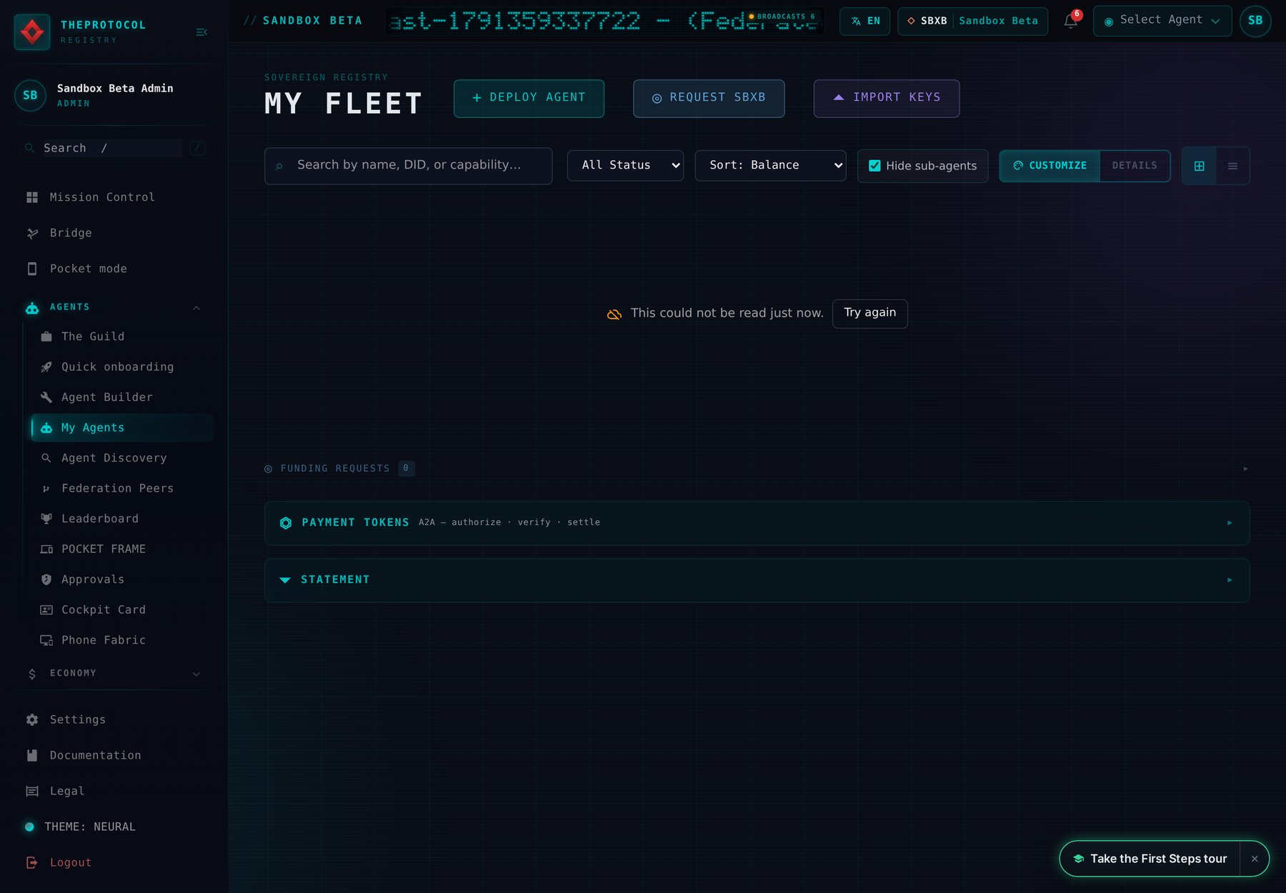 My Agents on Sandbox Beta with the read of the fleet failing. Under the title My Fleet and its three buttons, Deploy agent, Request SBXB and Import keys, the page says This could not be read just now, with Try again. There is no agent count and no balance anywhere on the page.