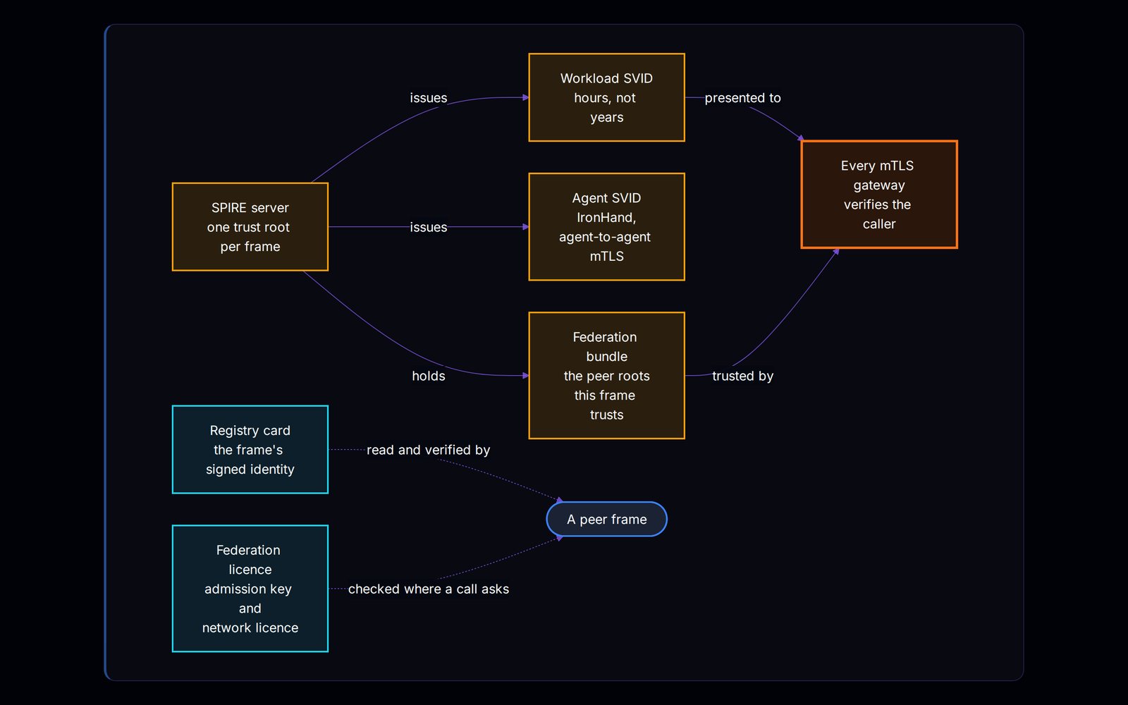 View 6, continued: the identity fabric. The SPIRE server, one trust root per frame, issues workload SVIDs that live for hours, not years, and agent SVIDs for IronHand, agent-to-agent mTLS. It holds the federation bundle, the peer roots this frame trusts, and every mTLS gateway verifies the caller against it. The registry card is the frame's signed identity, and the federation licence is its admission key and network licence, read and verified by a peer frame and checked whenever a call asks for it.