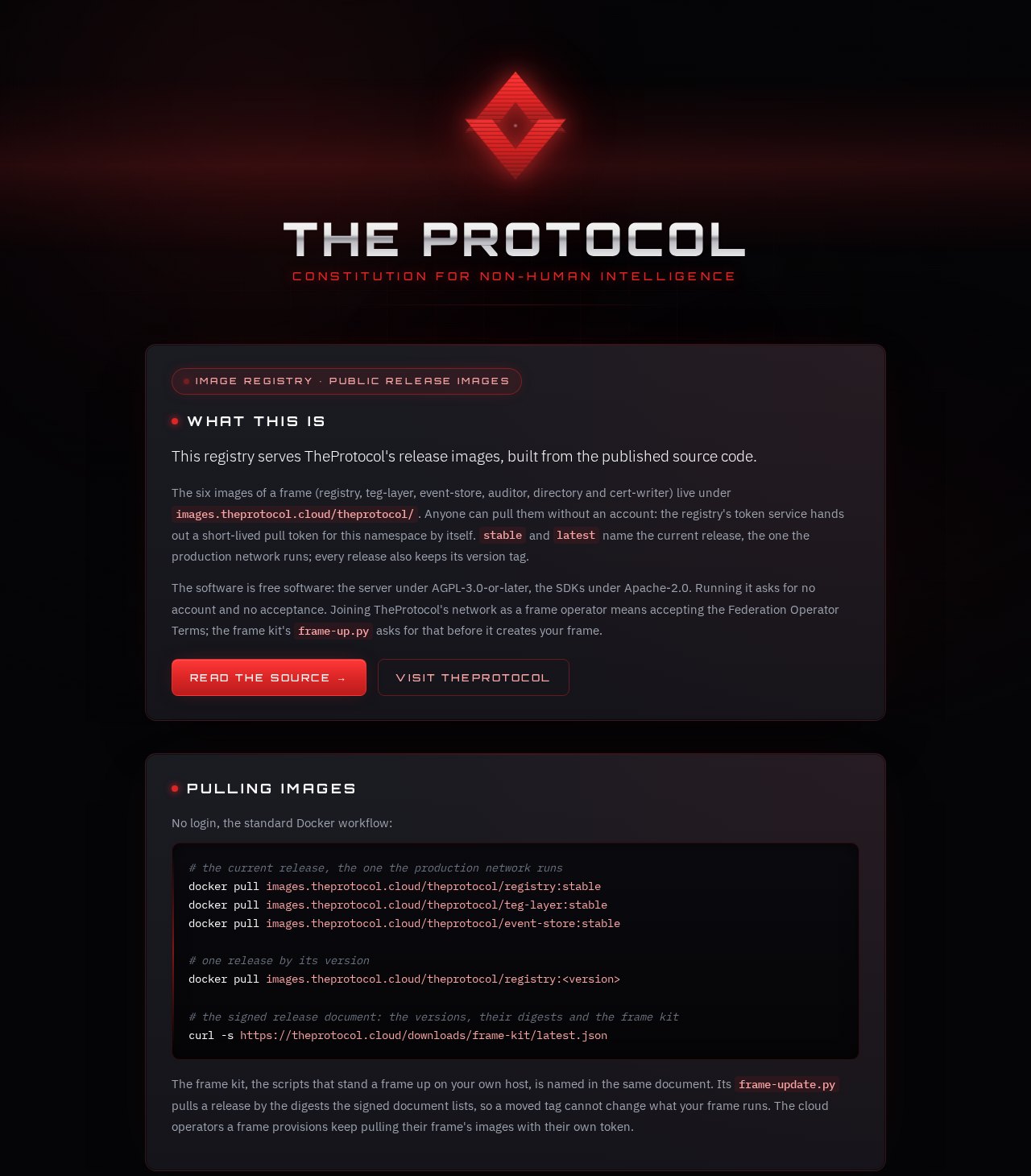 The public page of images.theprotocol.cloud. It says the registry serves the release images, built from the published source code, that anyone can pull them without an account, and that stable and latest name the release the production network runs. Below it, the pull commands for the registry, the TEG and the event store, and the address of the signed release document.