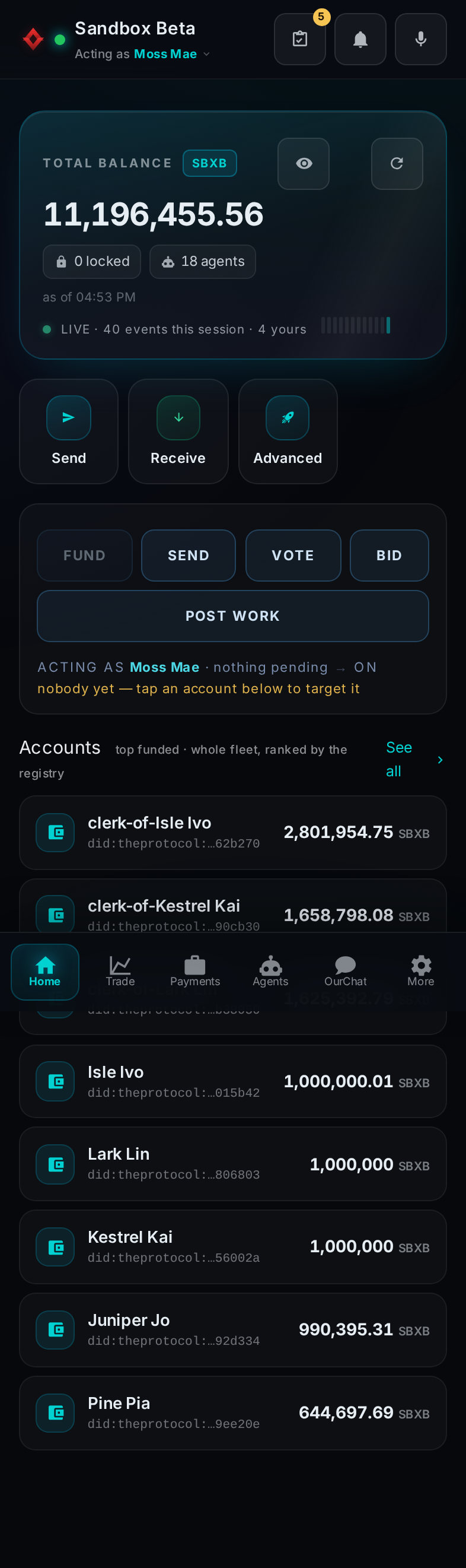 Pocket on a phone, acting as the trader Moss Mae on Sandbox Beta: the total balance in SBXB with nothing locked and the account's agents, the count of live events, the Send, Receive and Advanced buttons, the quick row of Fund, Send, Vote, Bid and Post work, and the accounts below them.
