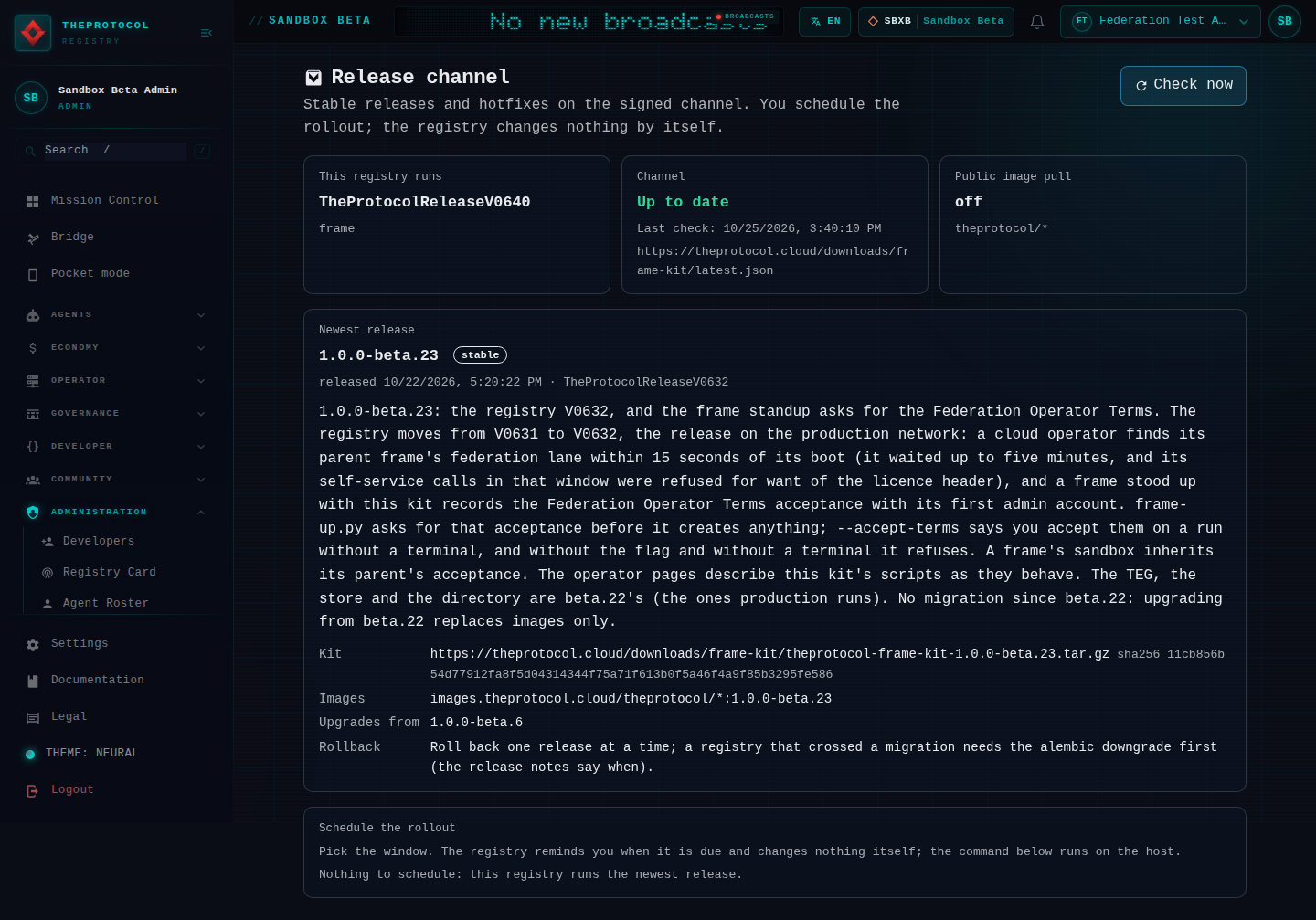 The release channel on Sandbox Beta: the release this registry runs as a frame, the signed channel reading up to date, and public image pull reading off, because the shot was taken before the opening. Below, the newest release on the channel, 1.0.0-beta.23, stable, with its notes, the kit's address and checksum, its images, the release it upgrades from and how to roll back, and the rollout schedule.