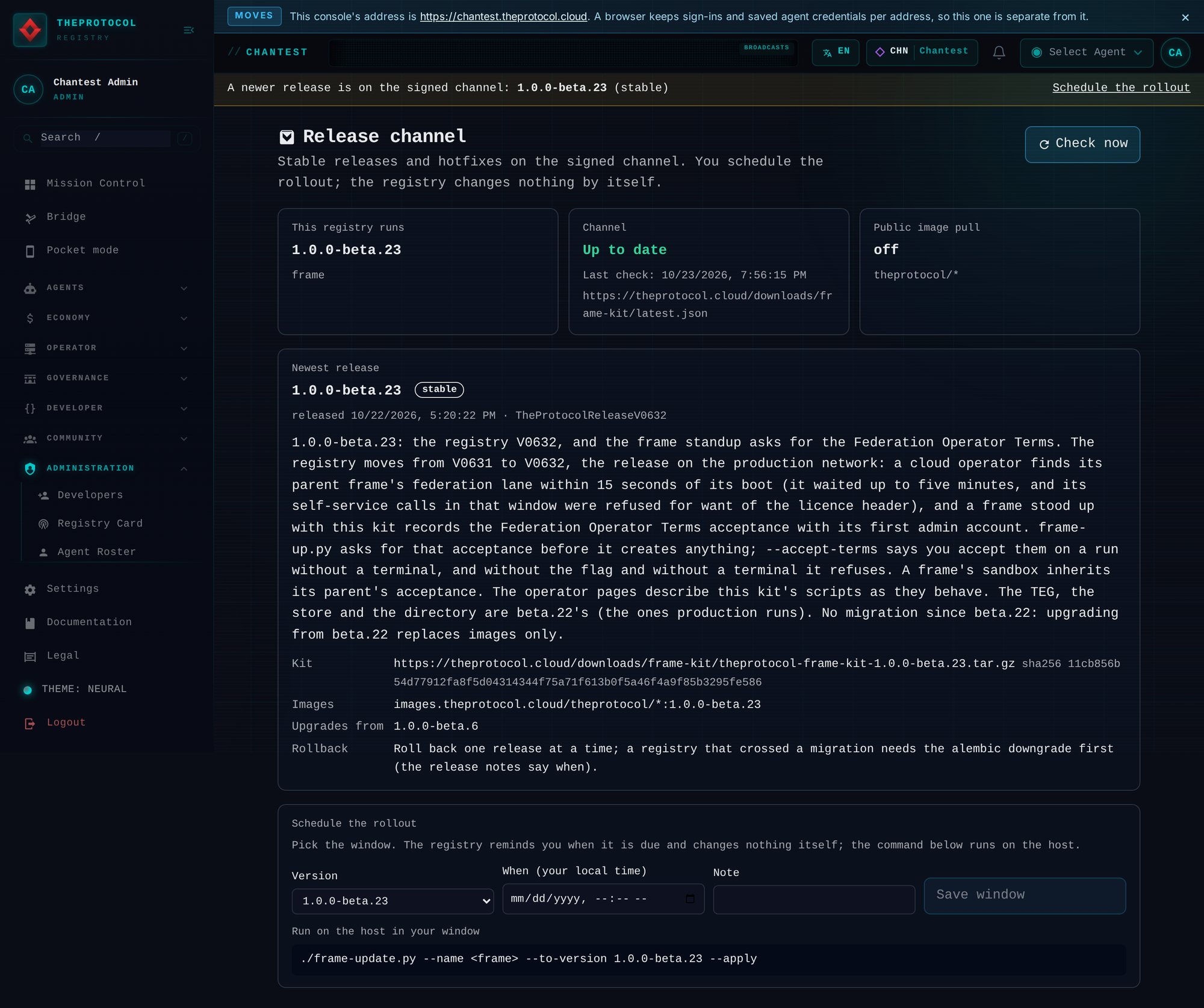 The same whole page a few minutes later, after the update: this registry runs 1.0.0-beta.23, the channel says up to date with a later check time, public image pull still off, and the newest release shown is the one the frame now runs. The banner above still announces 1.0.0-beta.23, and the schedule at the foot still offers it.