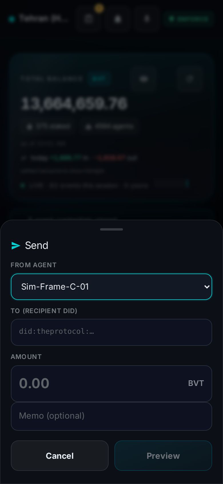 The send sheet with recipient and amount fields, focus trapped inside the dialog.