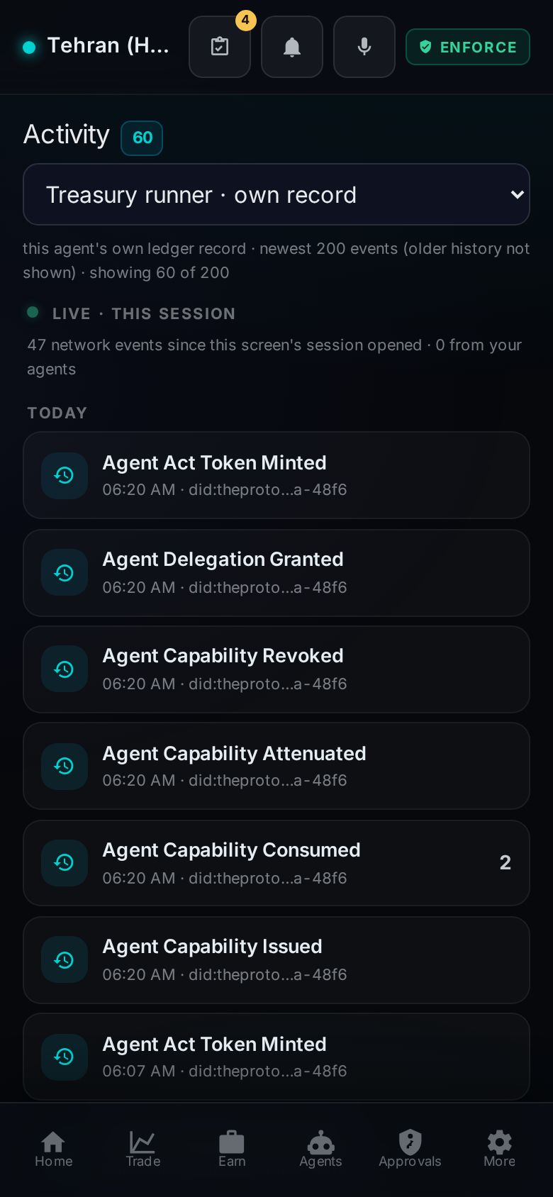The activity tab with the per-agent scope picker and the honest completeness caption.