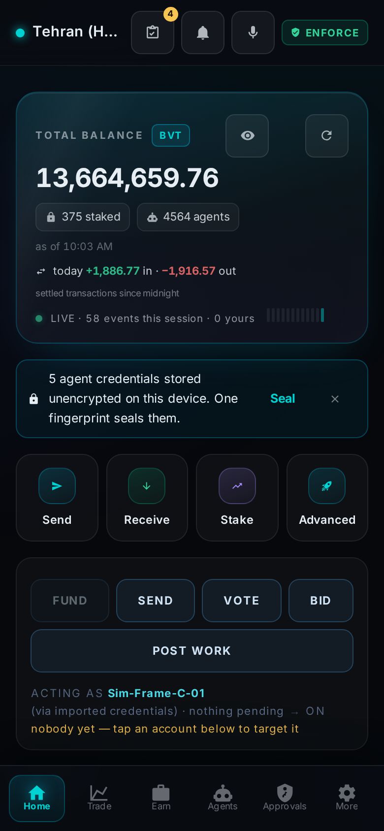 Pocket Home with the sealed-vault nudge reading five agent credentials stored unencrypted on this device, one fingerprint seals them, above the day's settled flow chip.