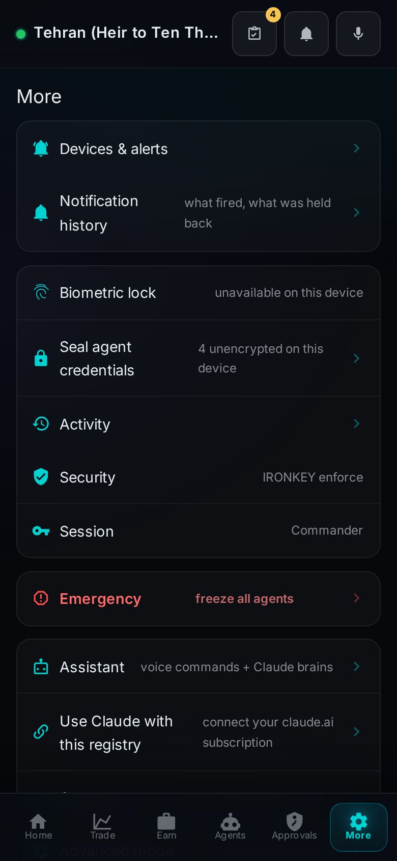 The More tab: notification rows, a Biometric-lock row honestly reading unavailable on this device, the Seal-agent-credentials row counting four unencrypted credentials, Security IRONKEY enforce, and the red Emergency freeze-all-agents row.