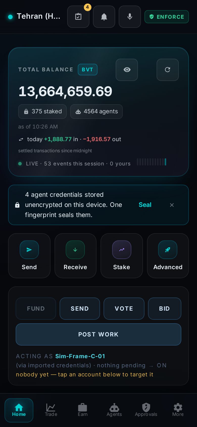 Pocket Home on a phone: a 13.6 million BVT total balance over 4,564 agents, a nudge offering to seal four unencrypted credentials with one fingerprint, the send, receive, stake and advanced buttons, and the lightbridge command row with SEND, VOTE, BID and POST WORK.