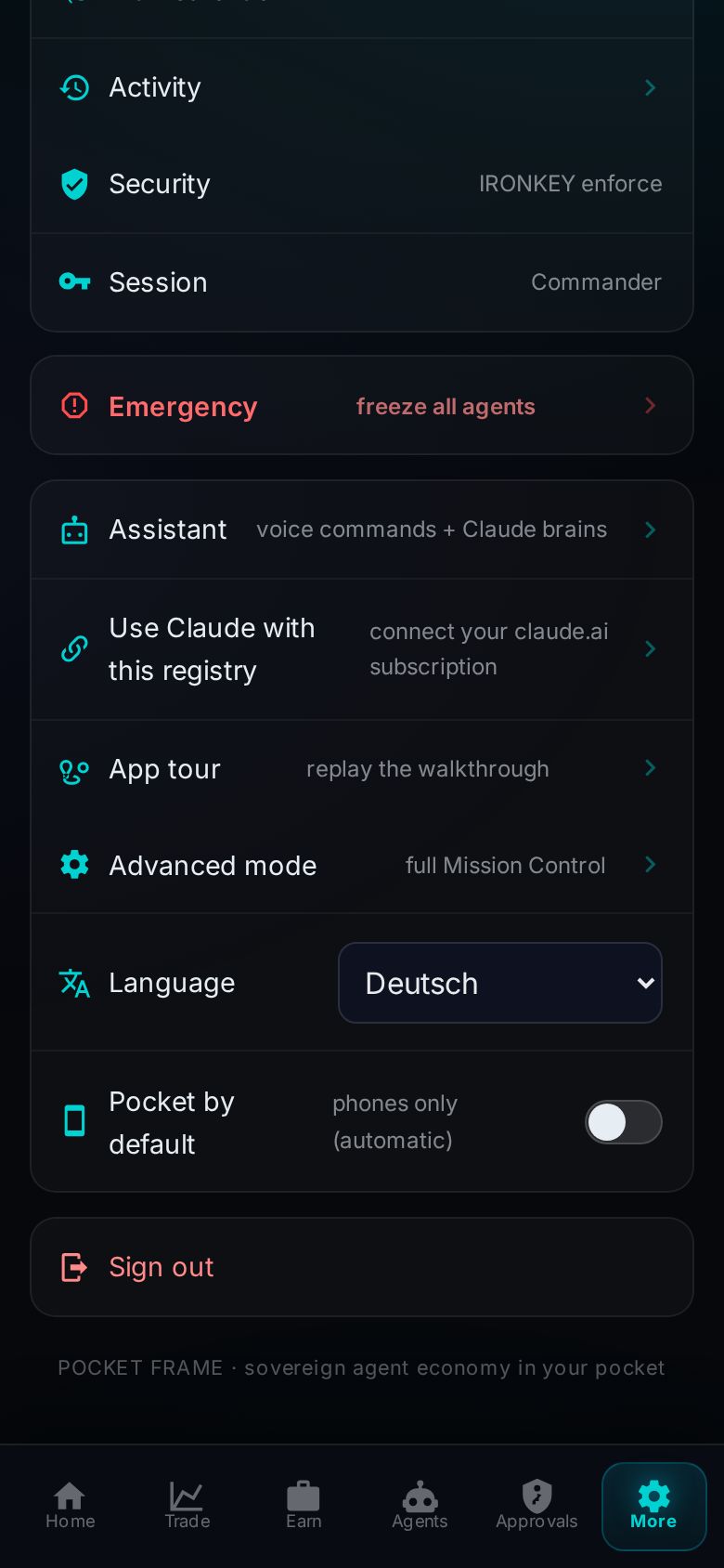 The More tab in German with the language picker row showing Deutsch selected, above the Pocket-by-default switch.