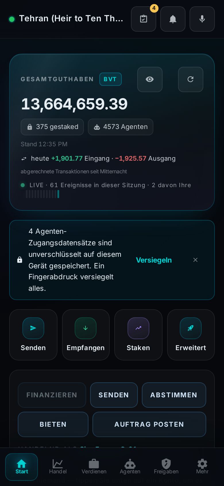 Pocket Home rendered in Deutsch: balance hero, vault nudge, quick actions and the command row, all translated.