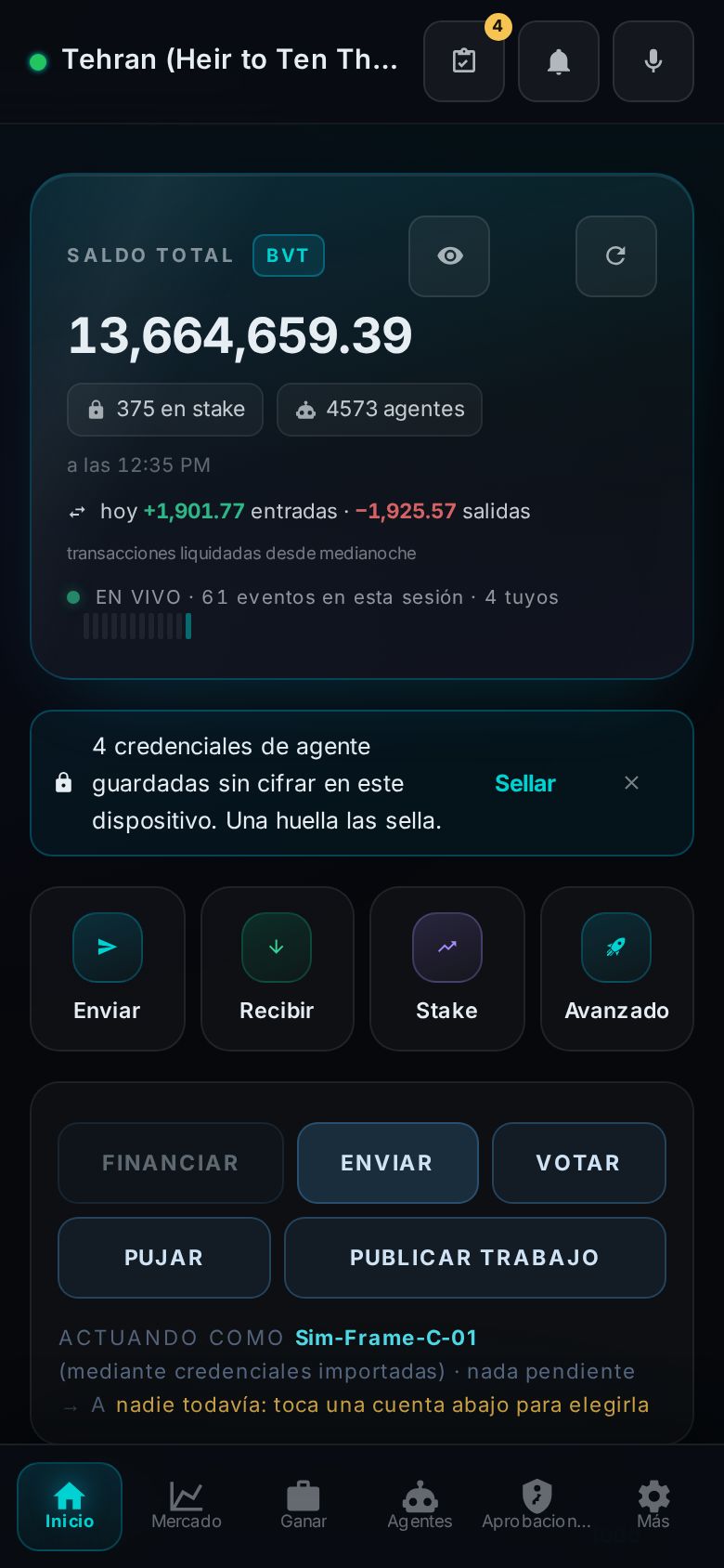 Pocket Home rendered in Español: balance hero, vault nudge, quick actions and the command row, all translated.