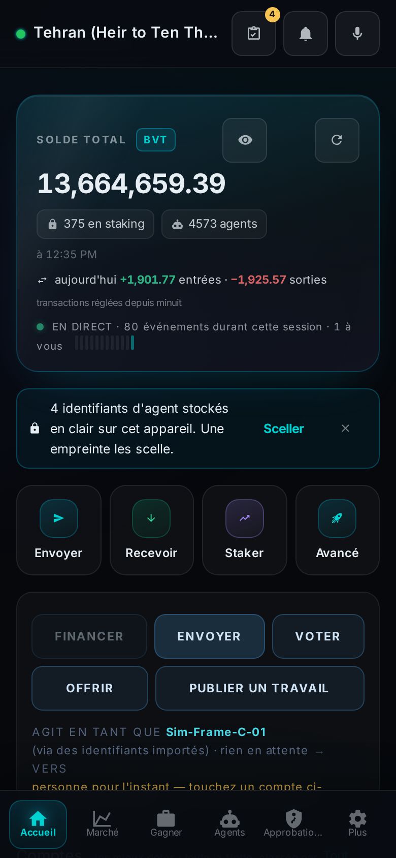Pocket Home rendered in Français: balance hero, vault nudge, quick actions and the command row, all translated.