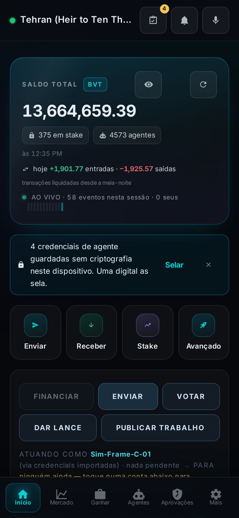 Pocket Home rendered in Português: balance hero, vault nudge, quick actions and the command row, all translated.