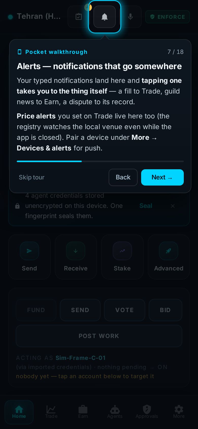Pocket tour step 7 of 18 at phone size, with the coach card beside the live element it describes.