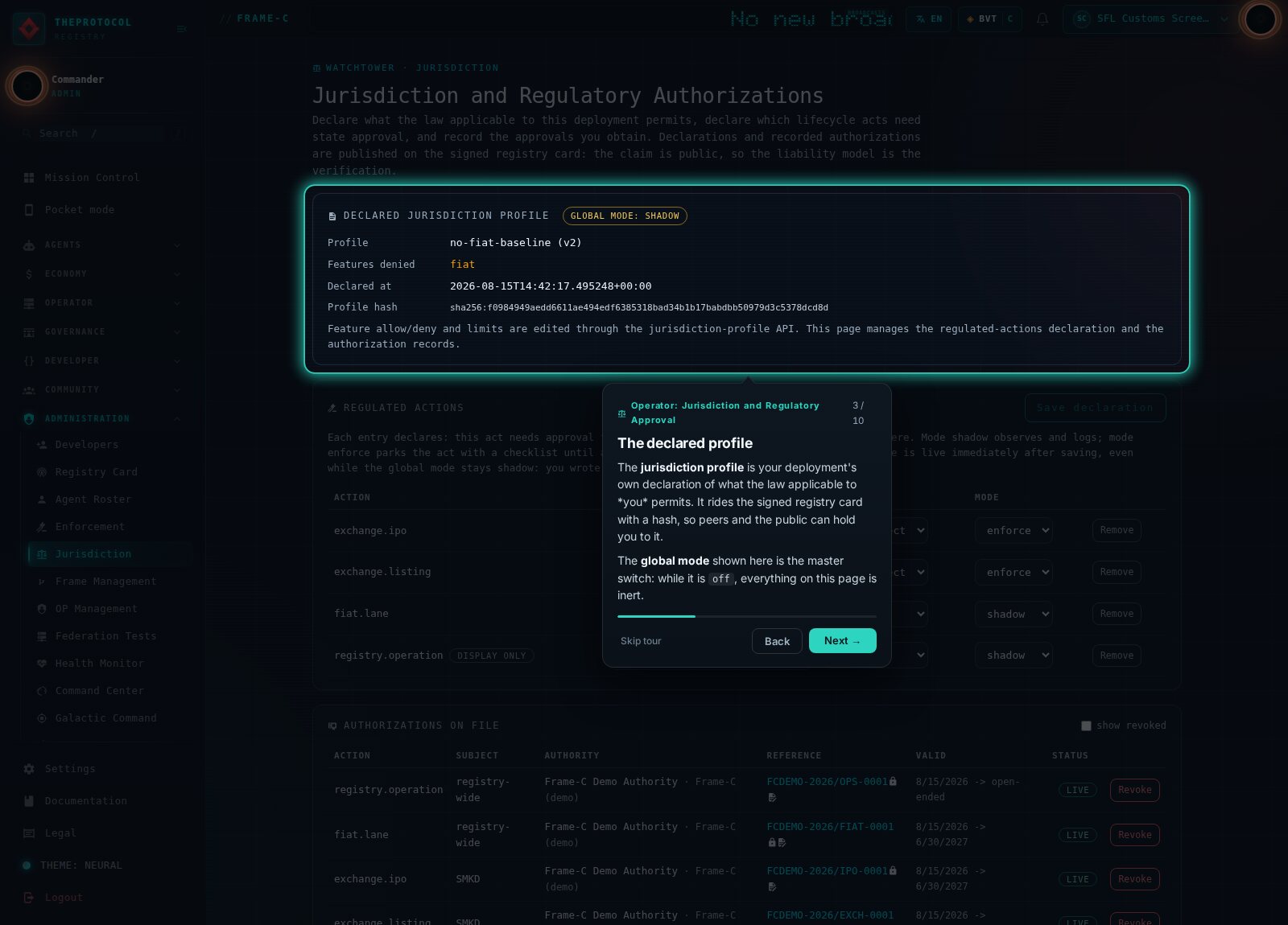 Tour step three, the declared-profile card spotlighted, explaining the jurisdiction profile as the deployment's own declaration, hash-published on the signed card, with the global mode as the master switch.