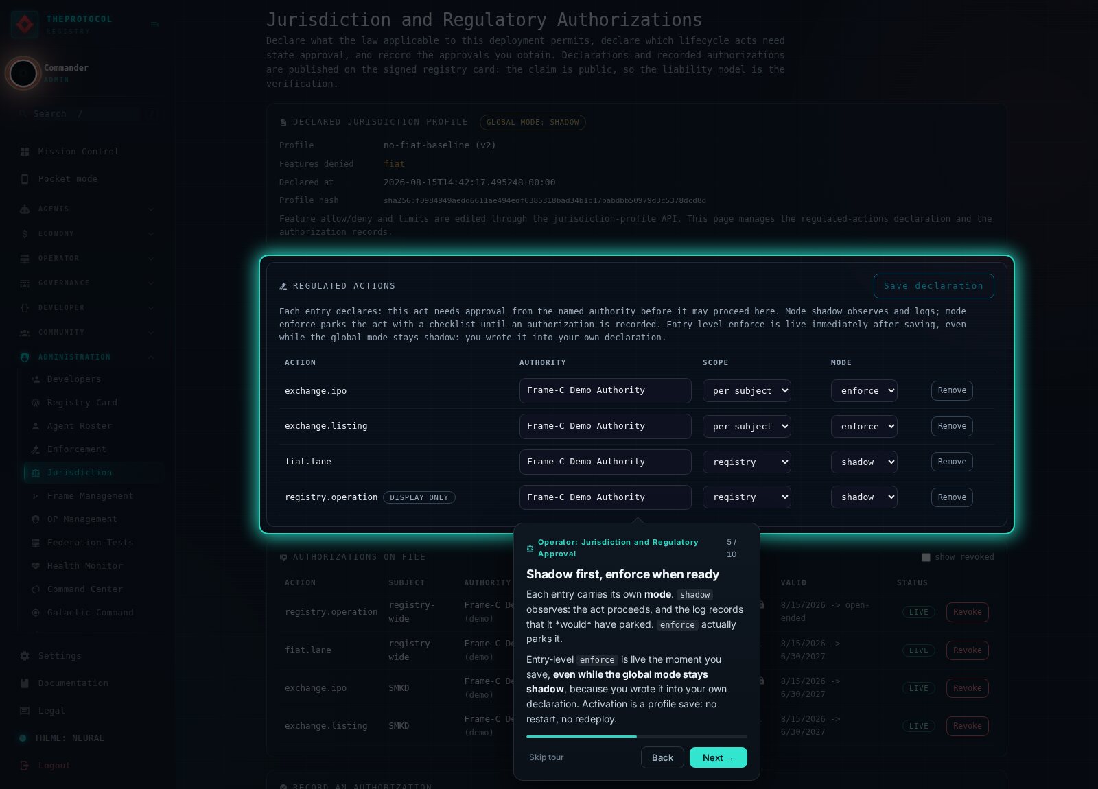 Tour step five, the same editor, explaining entry-level modes: shadow observes and logs, enforce parks, and entry-level enforce is live the moment the declaration saves, even while the global mode stays shadow.
