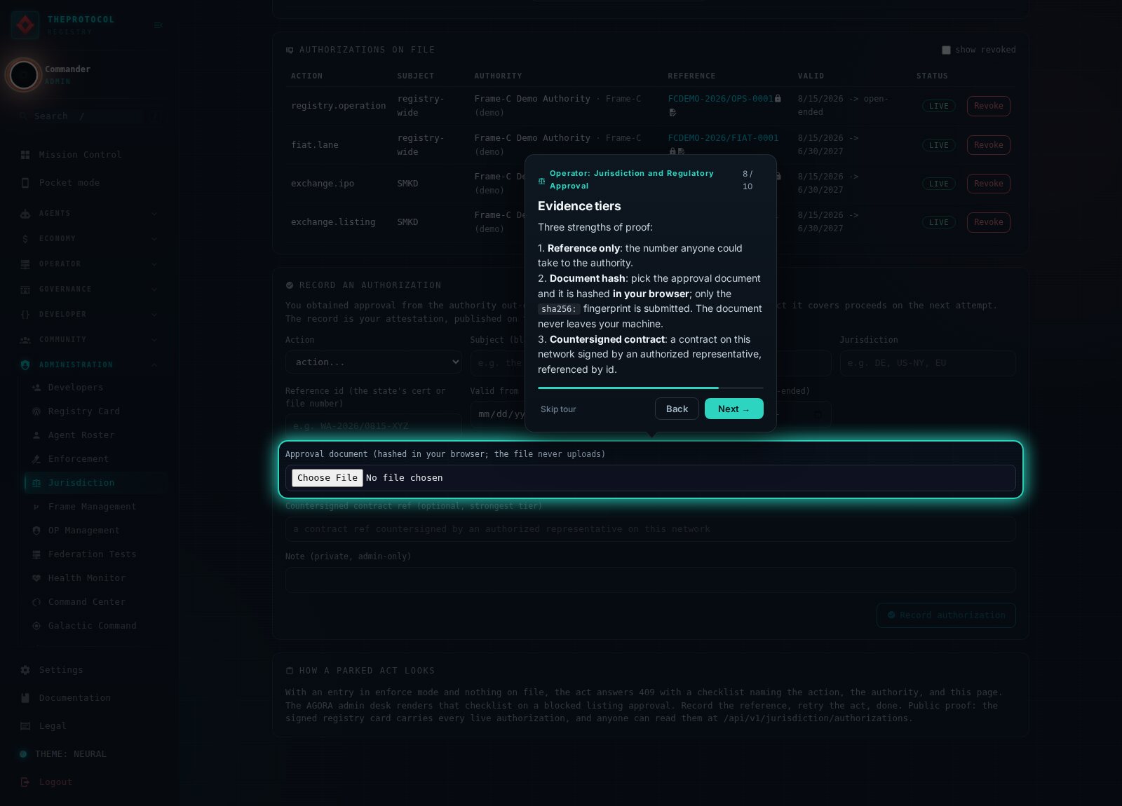 Tour step eight, the evidence field spotlighted, explaining the three tiers: reference only, browser-side document hash, and the countersigned contract.