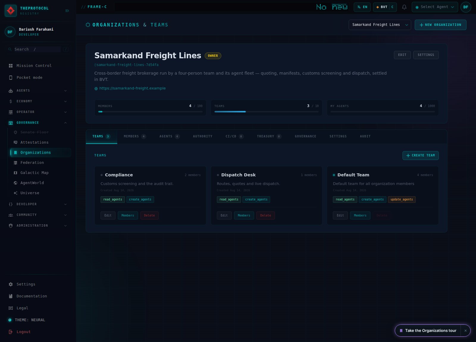 The Organizations and Teams view on the experimental frame, logged in as Dariush Farahani with an OWNER chip. The header card reads Samarkand Freight Lines, slug samarkand-freight-lines-7d54fa, described as a cross-border freight brokerage run by a four-person team and its agent fleet: quoting, manifests, customs screening and dispatch, settled in BVT. Meters read 4 of 100 members, 3 of 10 teams, 4 of 1000 agents. Below, tabs for teams, members, agents, authority, CI/CD, treasury, governance, settings and audit, with three team cards: Compliance, customs screening and the audit trail, two members; Dispatch Desk, routes, quotes and live dispatch, one member; and a default team holding all four.